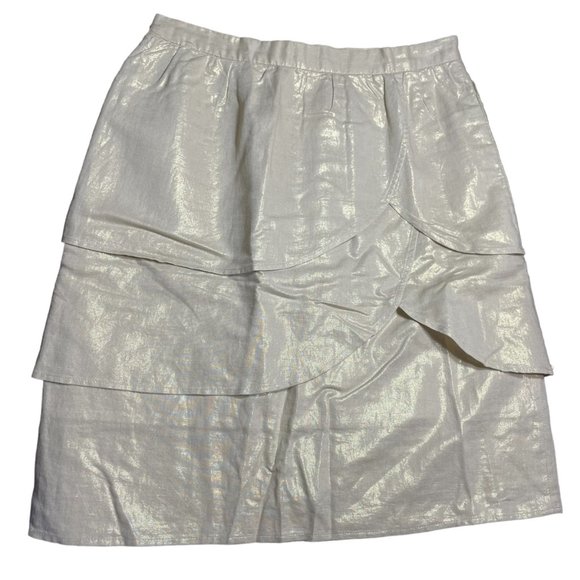 Anthropologie Linen Blend Skirt 6 Edme Esyllte Metallic Scalloped Tulip Gold - Picture 8 of 12
